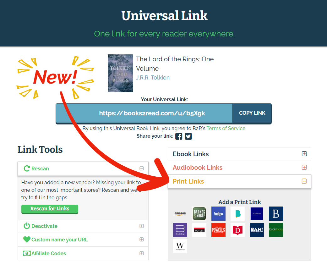 Example interface showing that you can now add Print Link to your Universal Book Links