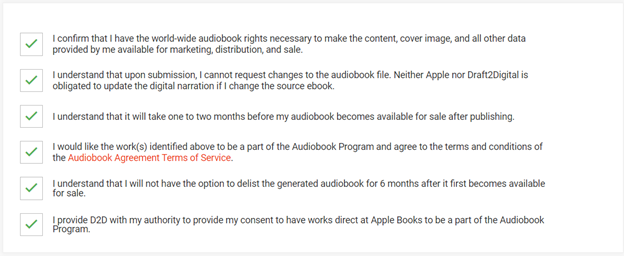 Example user interface of check boxes at the end of the digital narration process on Draft2Digital