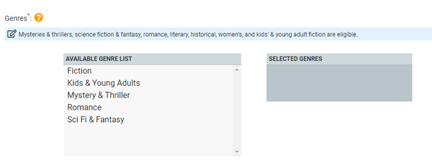 Example user interface of Genre options on Draft2Digital