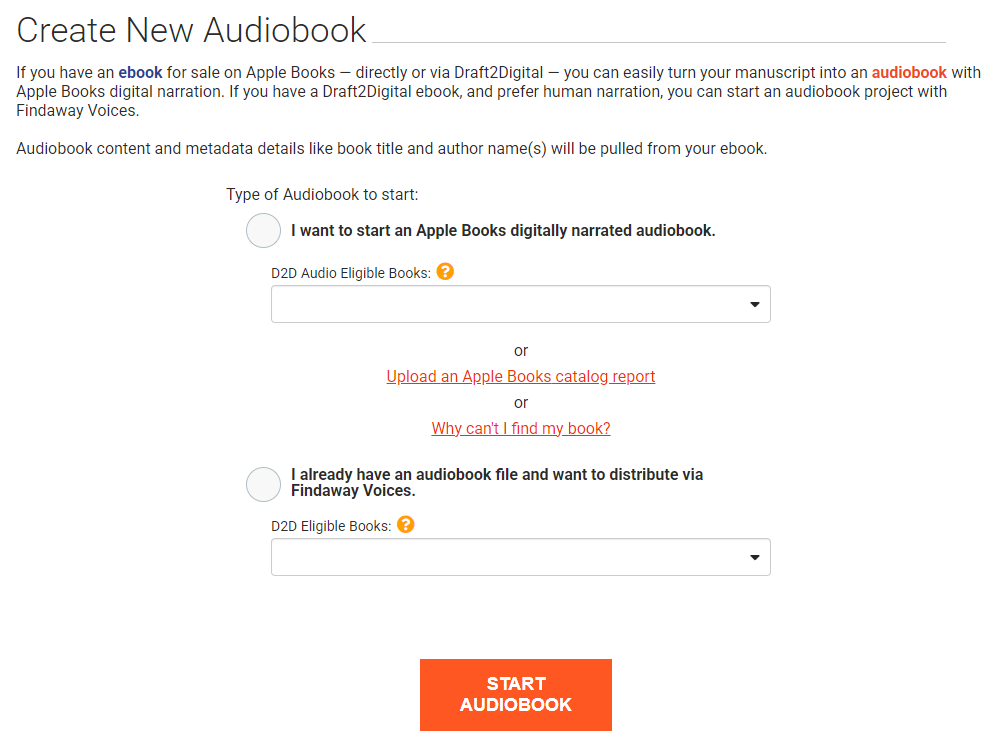 Example user interface of how to Start a New Audiobook on Draft2Digital