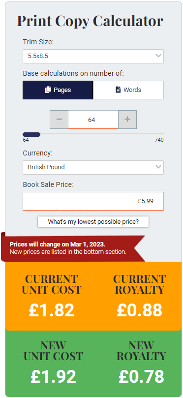 Print Price Calculator page preview in British Pounds